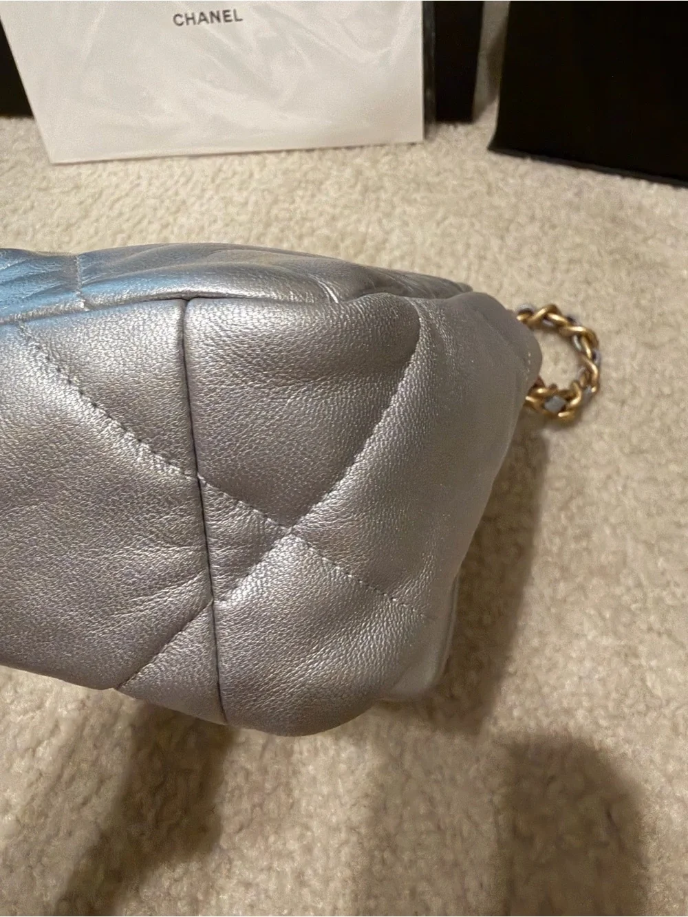 CHANEL 19 medium Silver Quilted Lambskin Shoulder Bag with Gold , silver Chain